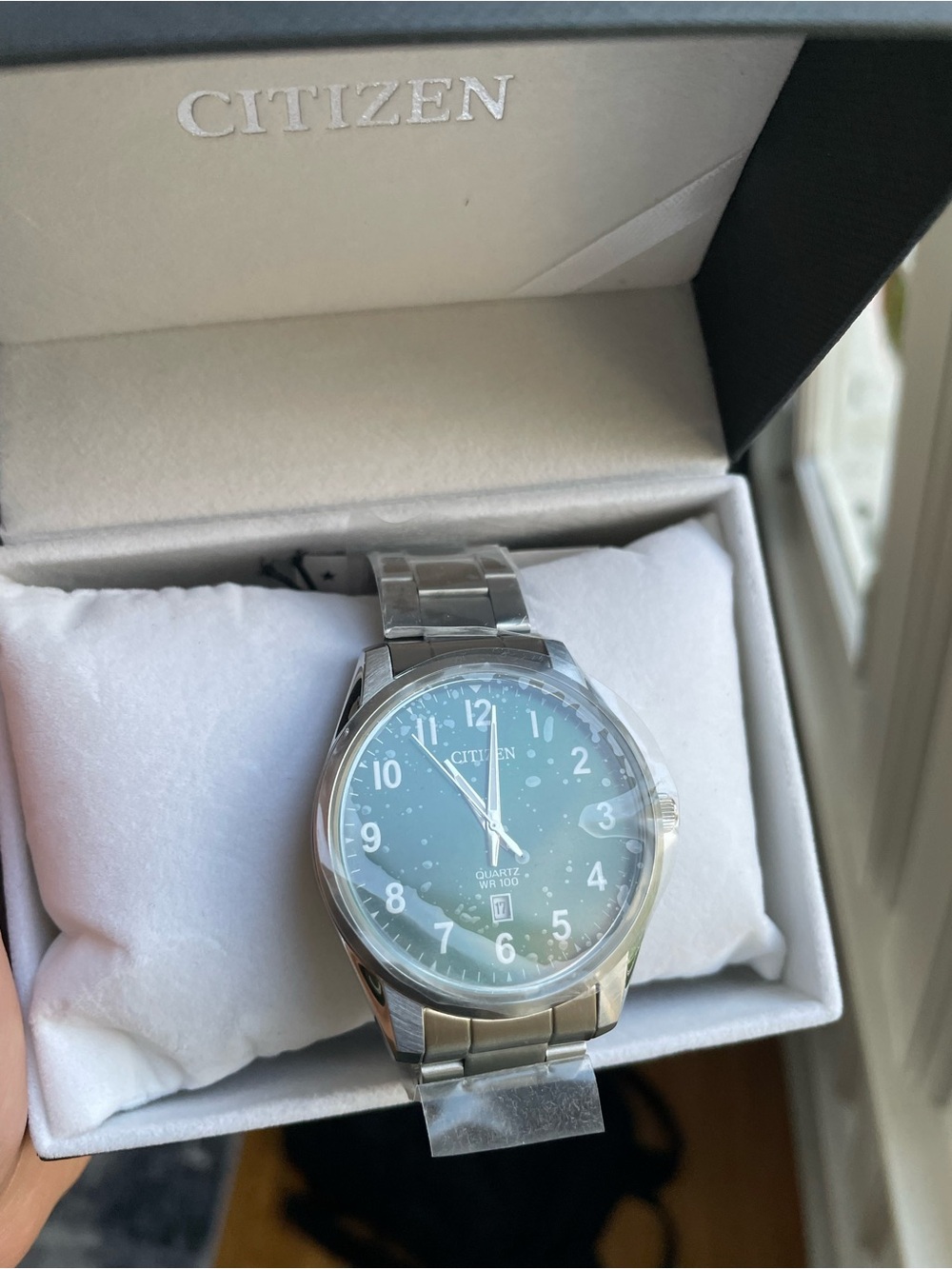 Citizen Men’s Silver Watch with Blue-Green Dial